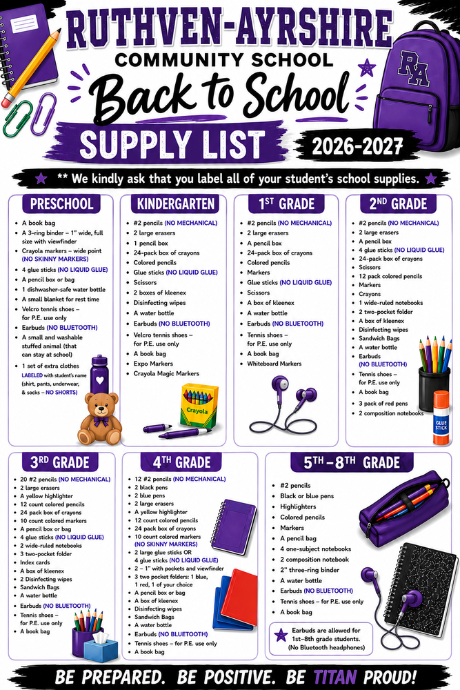 School Supplies on a white background with purple school items Titan branding