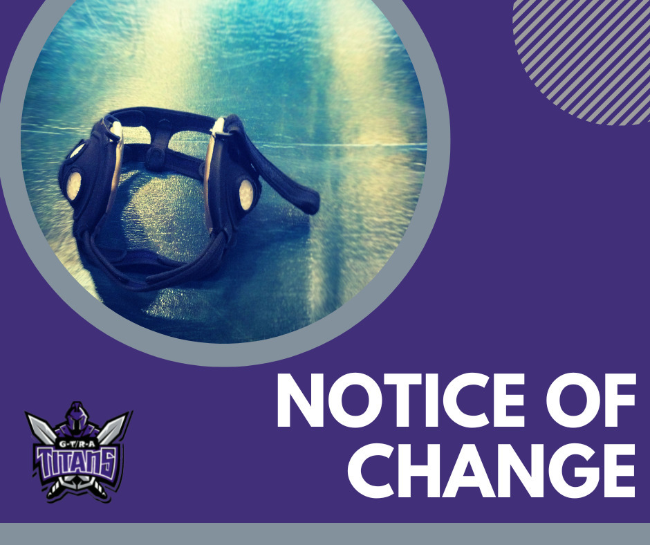 wrestling gear in a circle on a purple background with the words notice of change. 