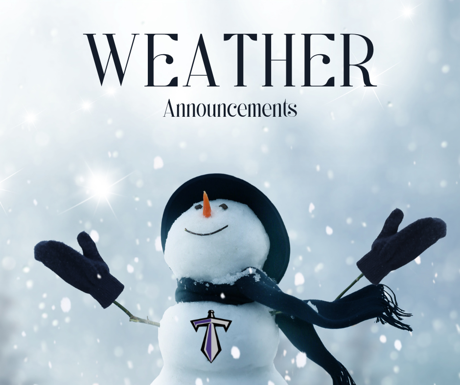 Snowman looking up to the words Weather announcements.  