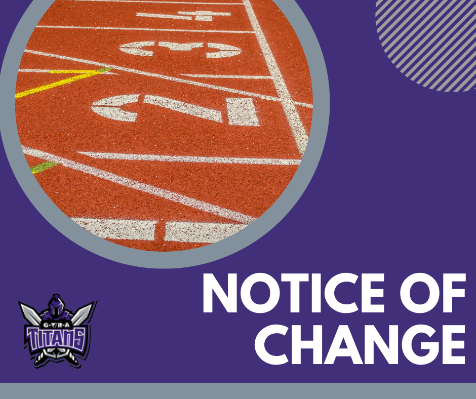 Image of track starting line with words notice of change