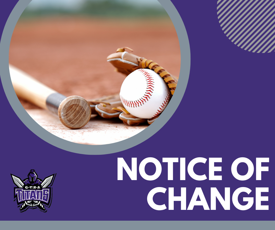 purple background, with a baseball glove, bat and ball top left corner with the titan logo on bottom left. Words that say notice of chance on right bottom corner