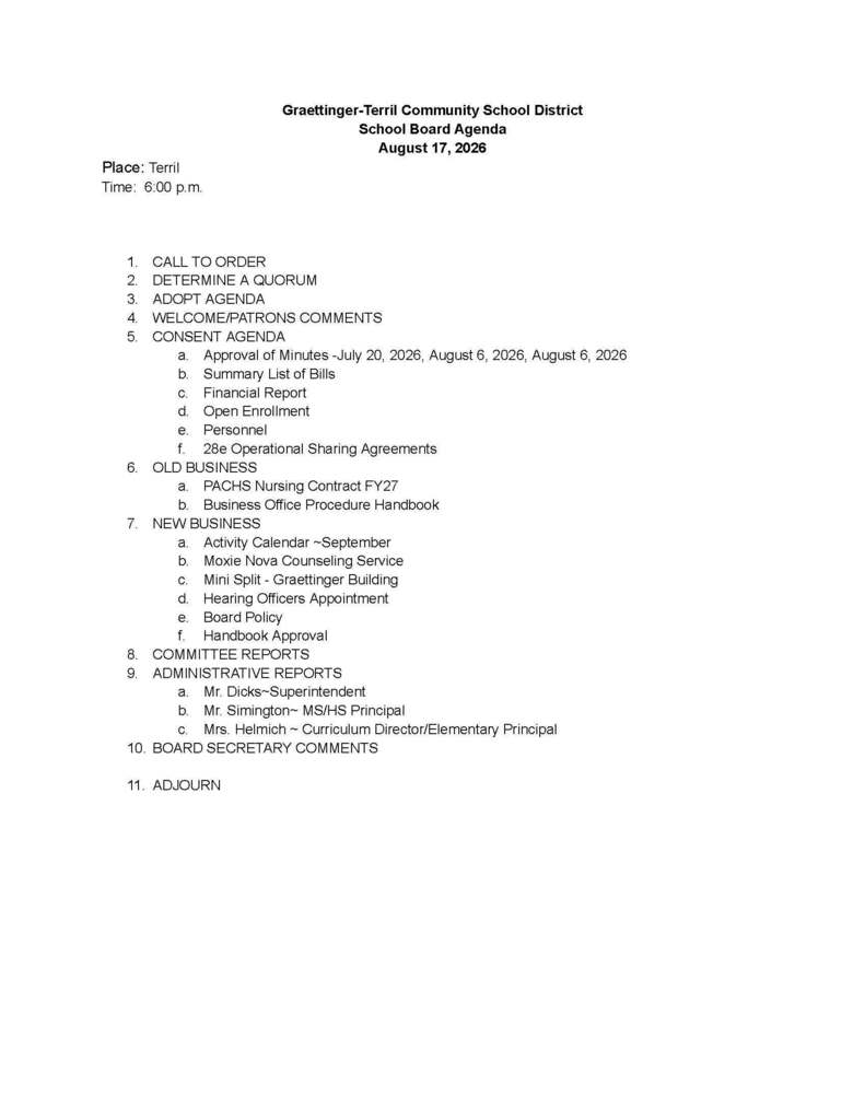 School Board Agenda. Select link for accessible version.