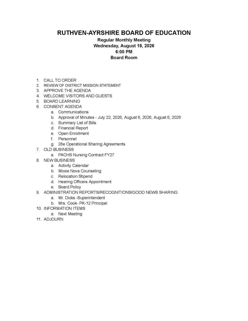 Ruthven-Ayrshire Board of Education Regular Monthly Meeting agenda. 