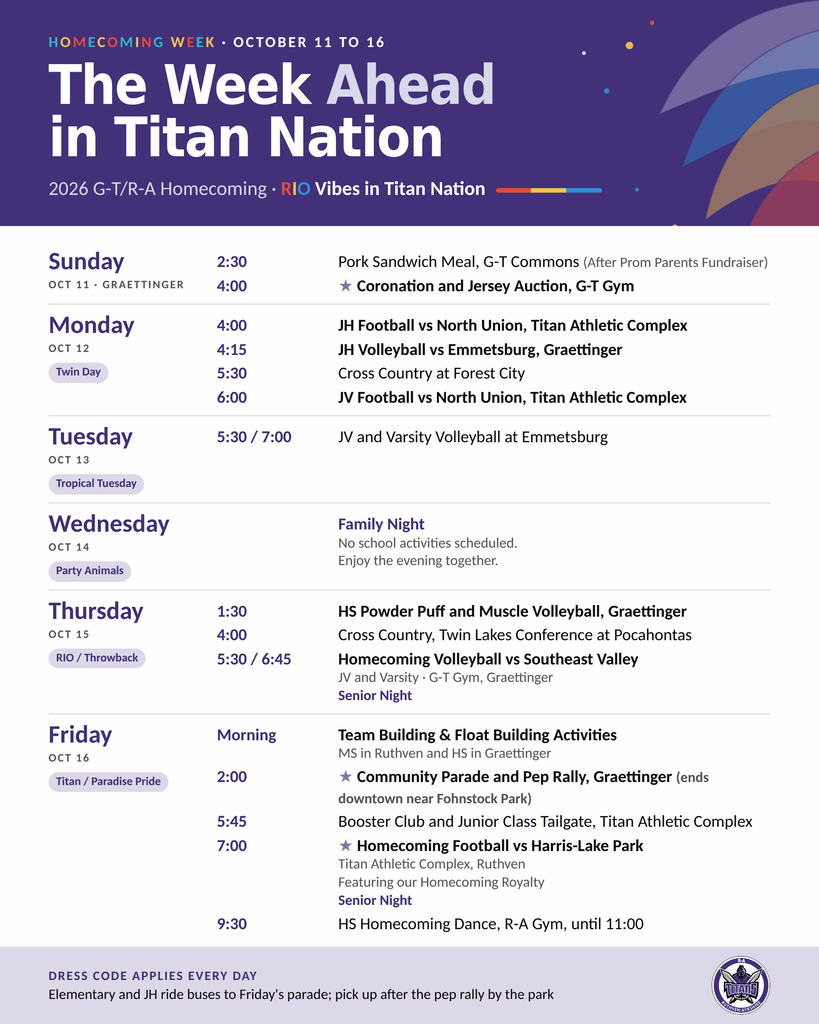 Week Ahead Purple schedule graphic for G-T/R-A Homecoming Week, October 11 to 16, listing each day’s events.