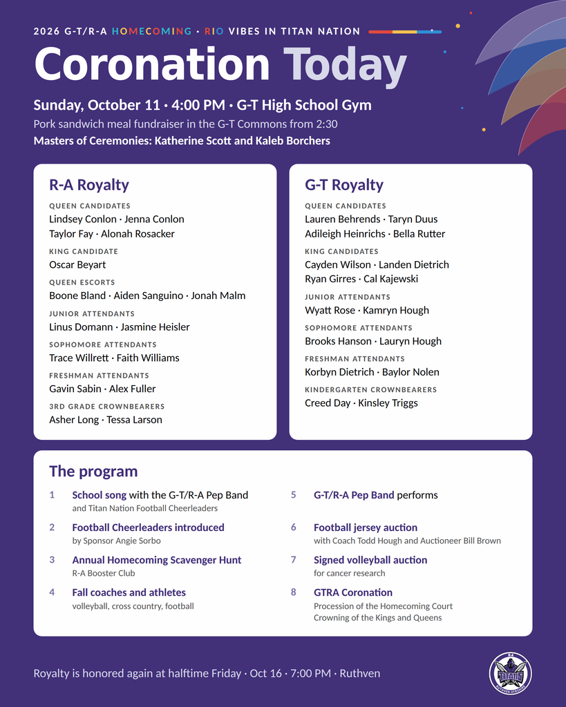 Coronation Purple graphic for the 2026 G-T/R-A Homecoming Coronation listing the royalty and program.