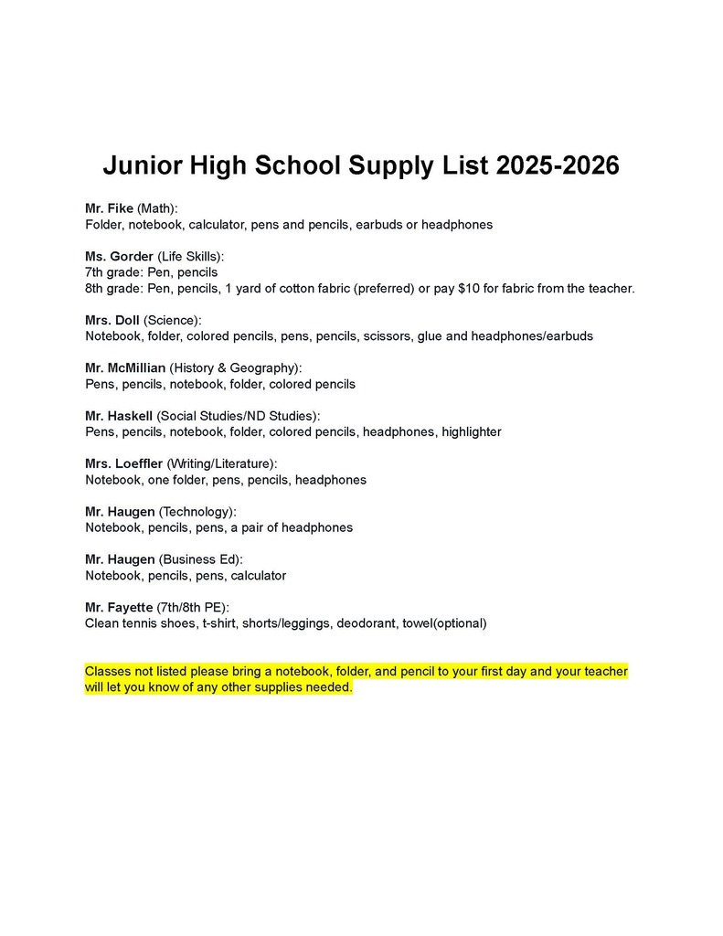 7-8 Junior High School Supply List