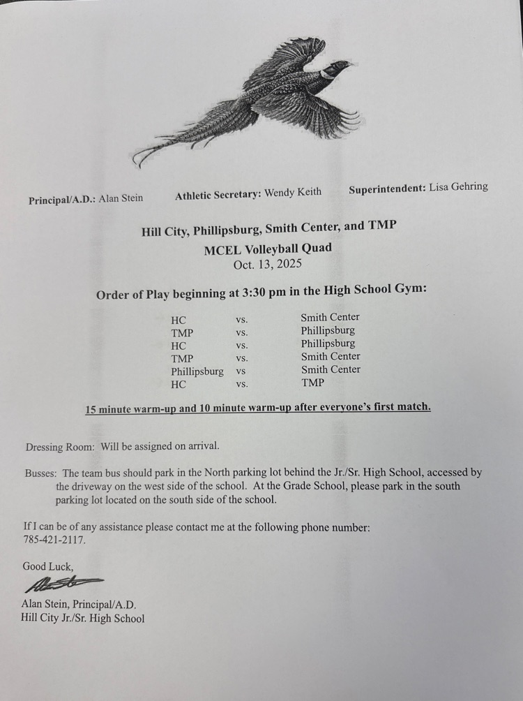 here is the schedule for Monday night’s MCEL matches at Hill City.