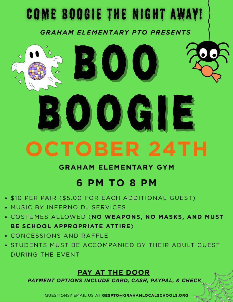 Green flyer for Boo Boogie Dance happening on October 24th from 6-8pm. Details on flyer include costumes welcome as long as following school policy, no masks, and no weapons. It also shares fee to be paid at the door with cash, check, PayPal, or card. Fee is $10 a pair, $5 per additional member. Concessions and raffle tickets available for purchase. Students must be accompanied by an adult guest.