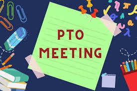 Blue background, school supplies around background, green sticky note with "PTO Meeting" wrote on it.