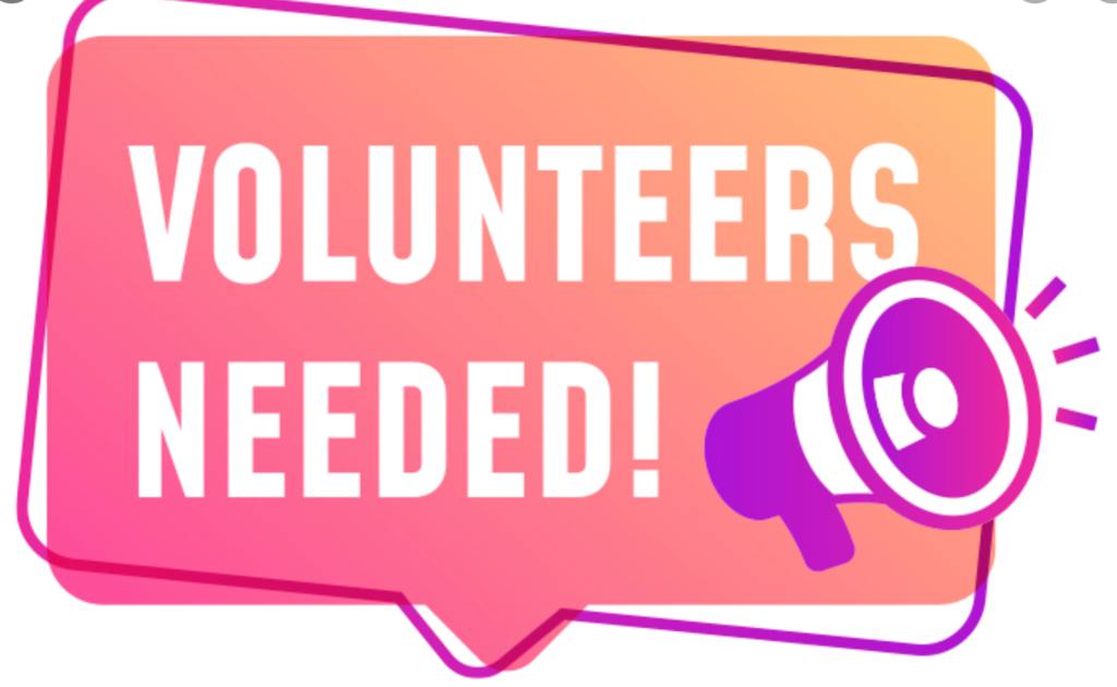 Pink and orange talking bubble saying "Volunteers needed" and a purple megaphone.