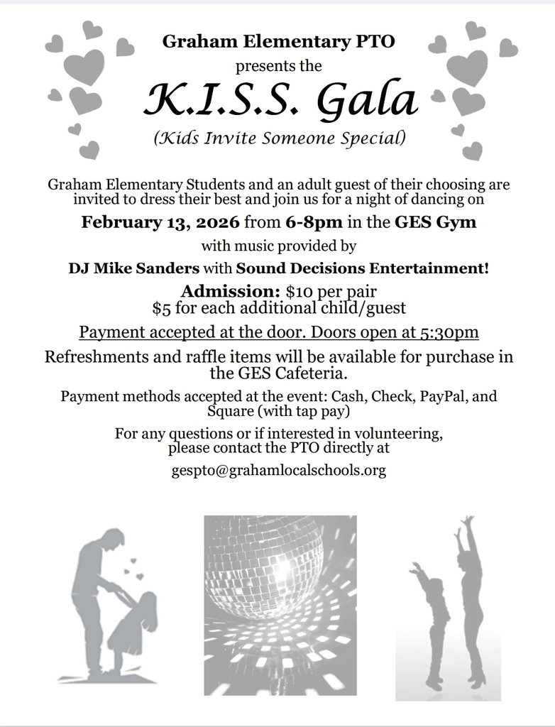 Flyer for K.I.S.S. Gala (Kids Invite Someone Special) Dance at Graham Elementary with details of event.