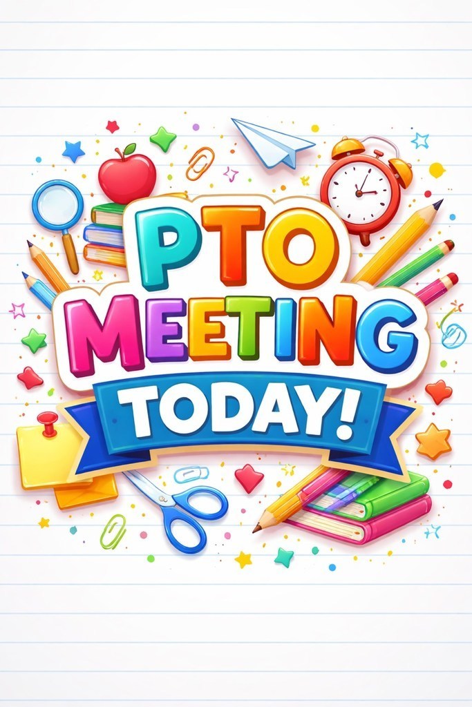 Line paper background with different school supplies and statement that says PTO Meeting Today!