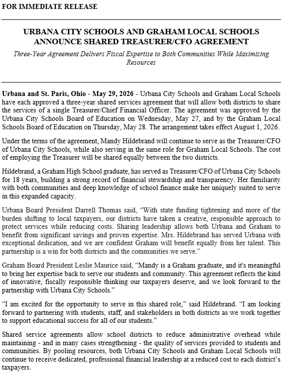 press release about partnership with Urbana city schools to share a treasurer
