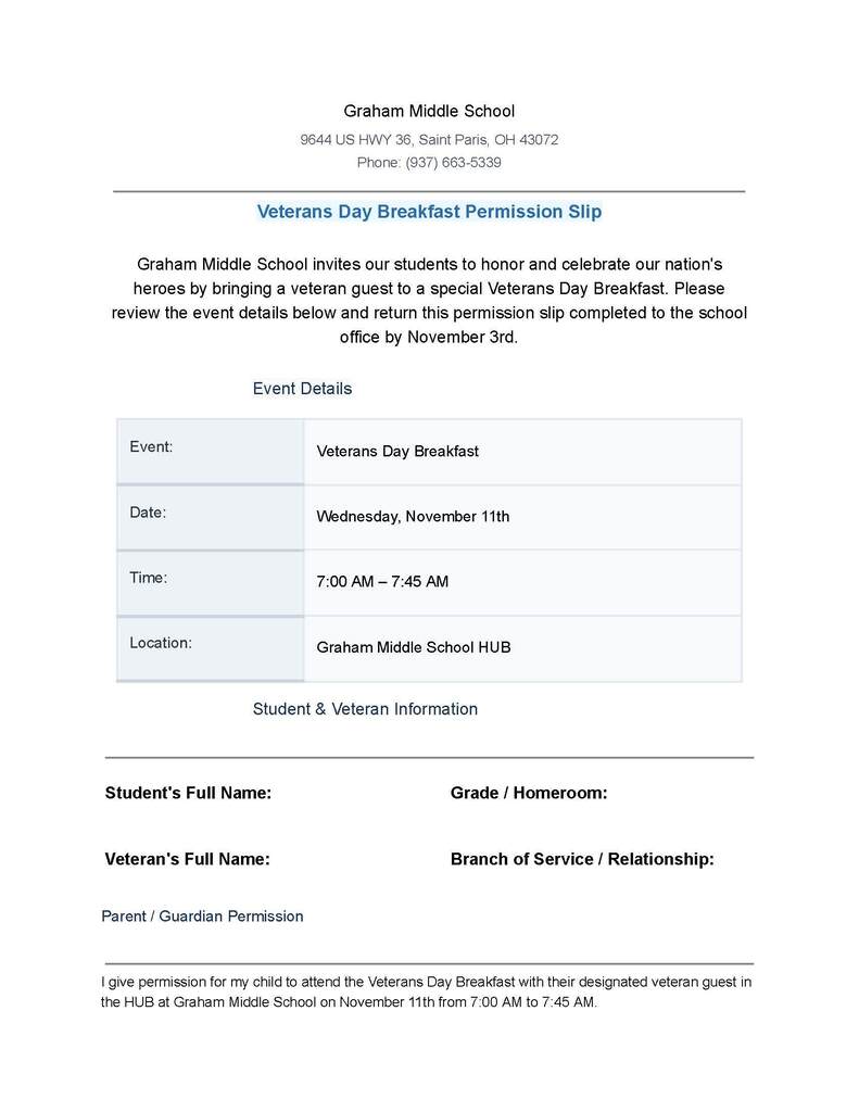 Veterans Day Breakfast Permission Slip for November 11th