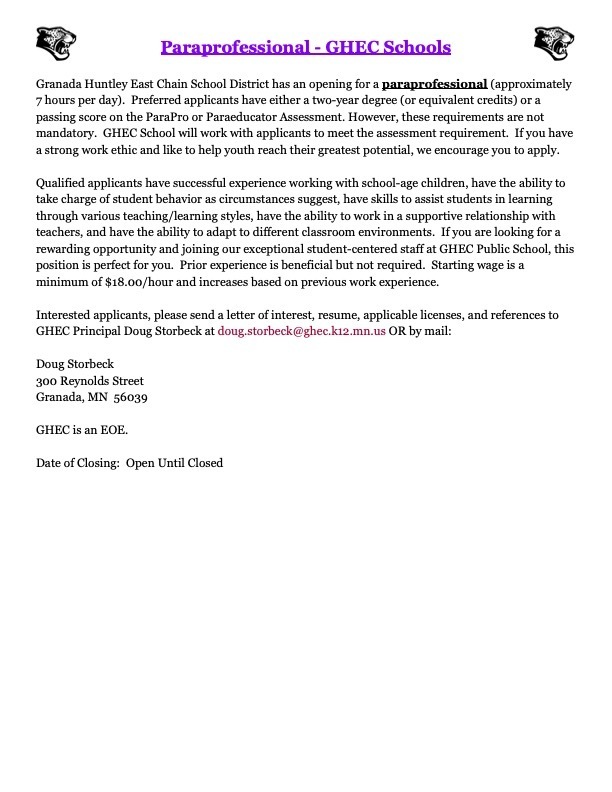 Paraprofessional Job Opening