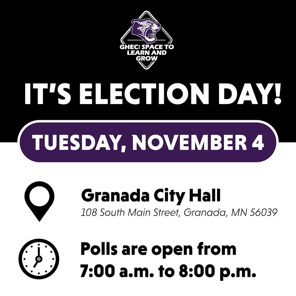 Today is Election Day! Polls are open until 8:00 p.m. at Granada City Hall.