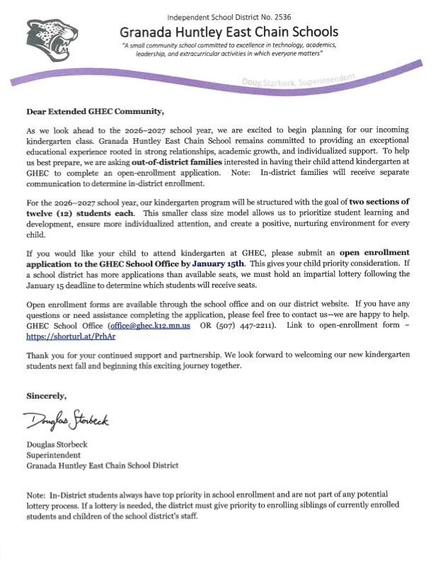 2026-2027 GHEC Kindergarten Open Enrollment