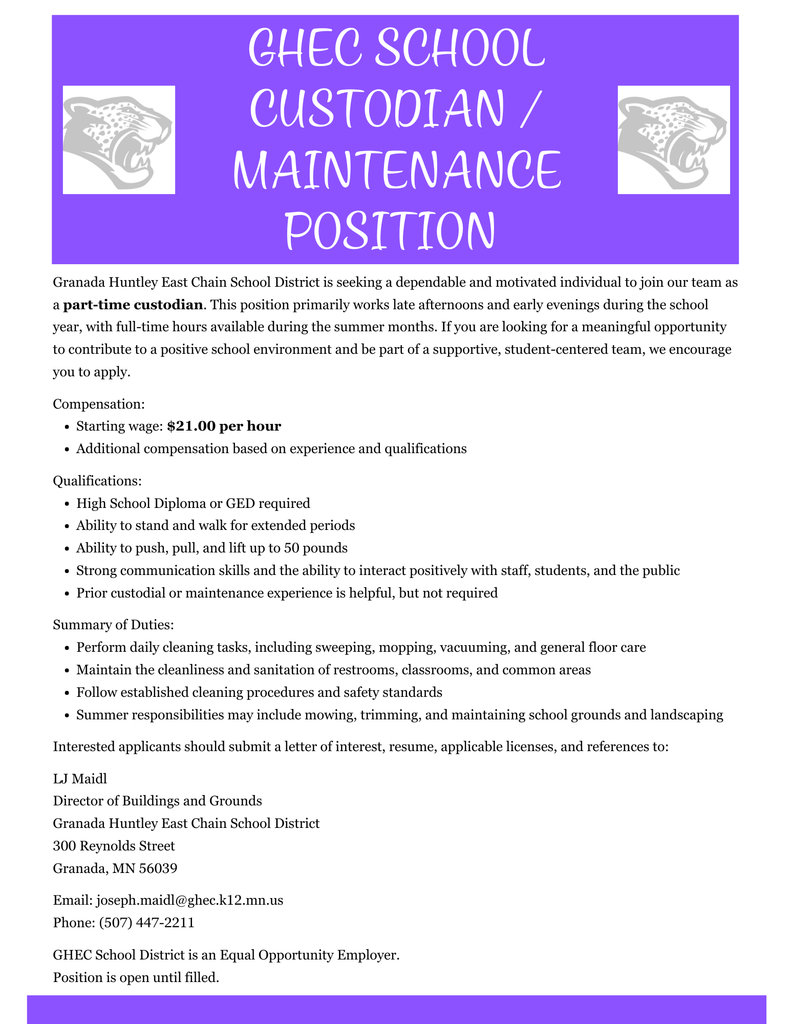 Part-Time Custodian / Maintenance Position
