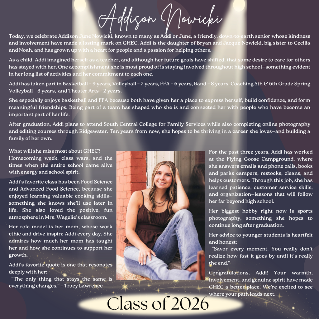 Addison Nowicki ~ GHEC Class of 2026 Senior Spotlight