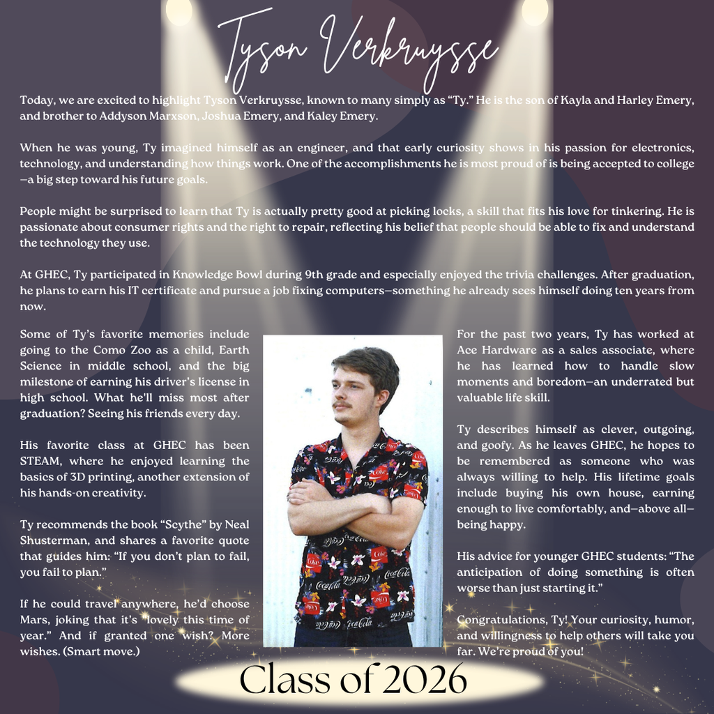 Tyson Verkruysse ~ GHEC Class of 2026 Senior Spotlight