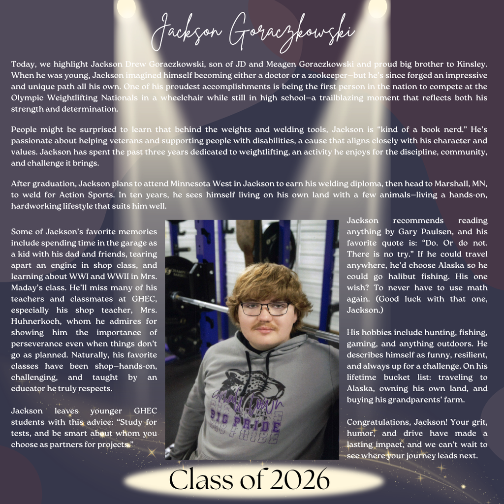 Jackson Goraczkowski ~ GHEC Class of 2026 Senior Spotlight