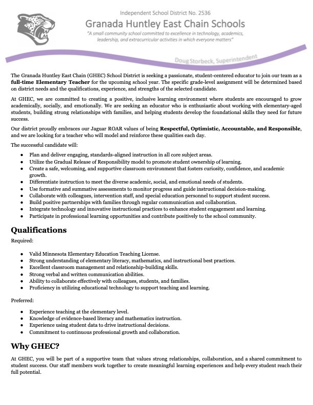 Elementary Teacher Opening