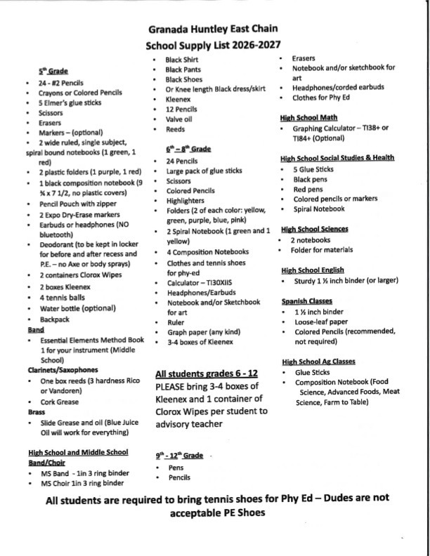 School Supply list MS/HS