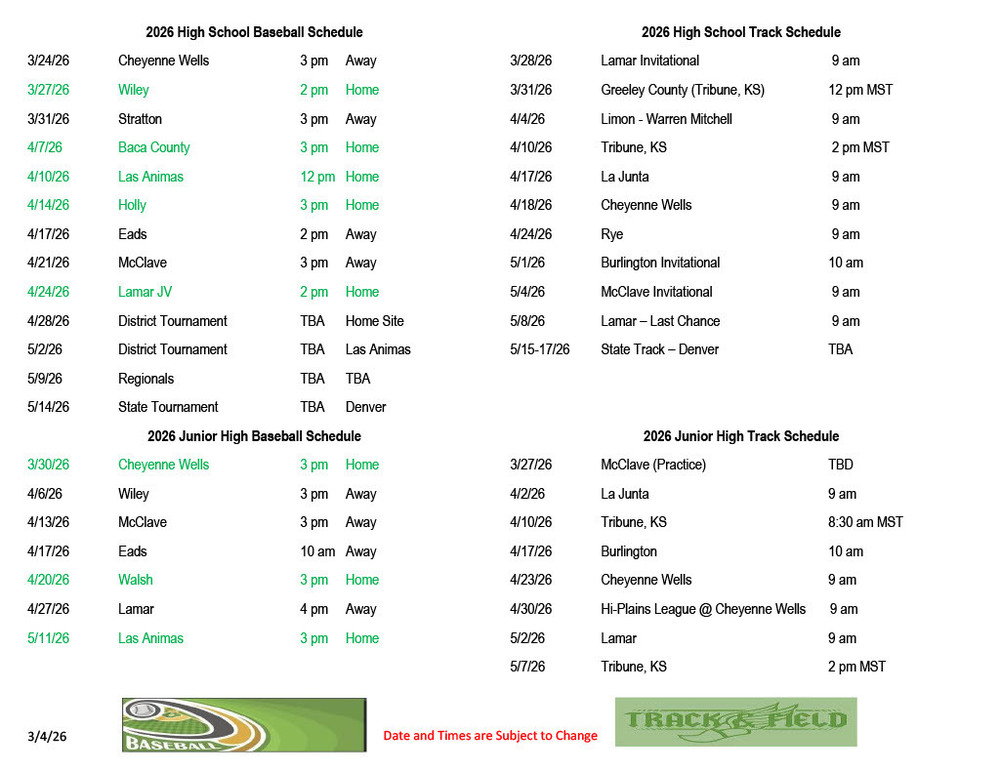 JH & HS Baseball and Track Schedule  2026