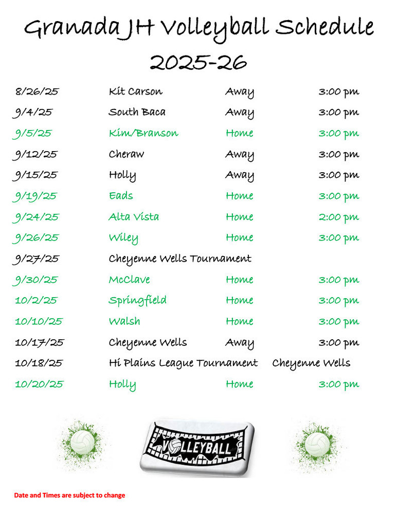 8/26/25			Kit Carson			Away			3:00 pm 9/4/25			South Baca			Away			3:00 pm 9/5/25			Kim/Branson			Home			3:00 pm 9/12/25			Cheraw				Away			3:00 pm 9/15/25			Holly				Away			3:00 pm 9/19/25			Eads				Home			3:00 pm  9/24/25			Alta Vista			Home			2:00 pm 9/26/25			Wiley				Home			3:00 pm  9/27/25			Cheyenne Wells Tournament 9/30/25			McClave				Home			3:00 pm 10/2/25			Springfield			Home			3:00 pm 10/10/25		Walsh				Home			3:00 pm 10/17/25		Cheyenne Wells		Away			3:00 pm 10/18/25		Hi Plains League Tournament	Cheyenne Wells 10/20/25		Holly				Home			3:00 pm		