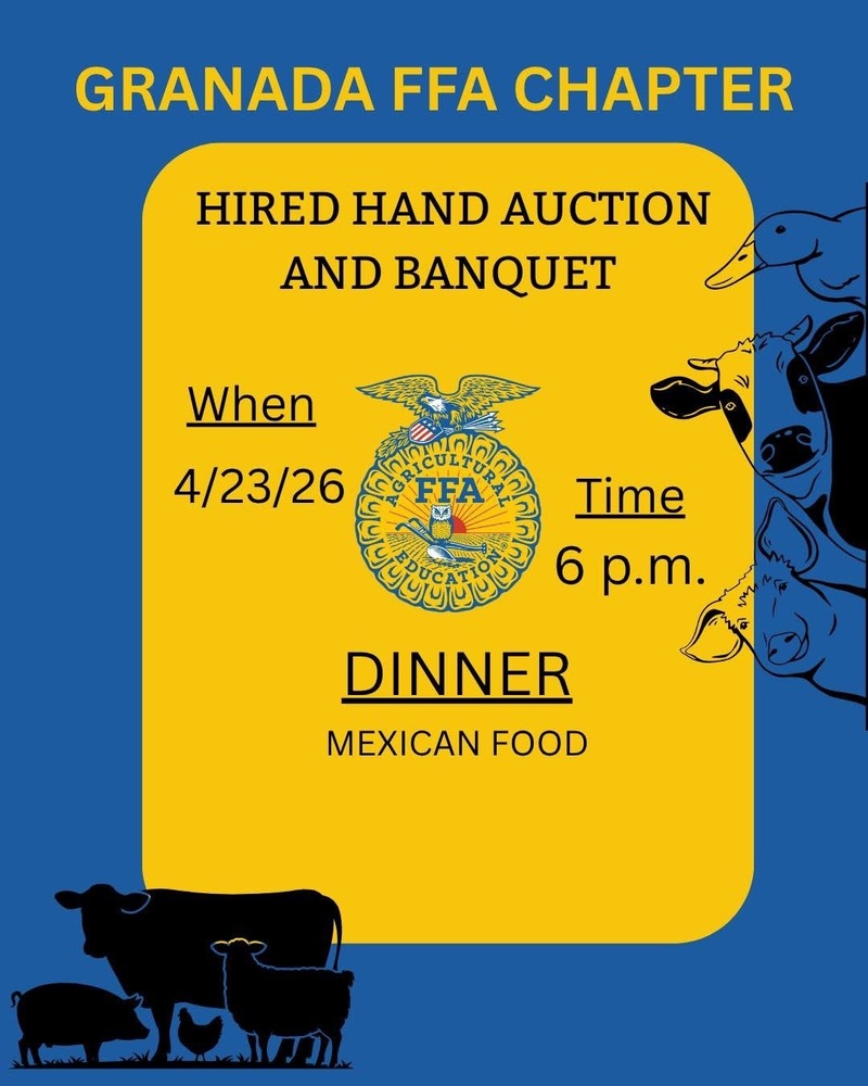 FFA hired hand auction and banquet 4/23/26 at 6pm