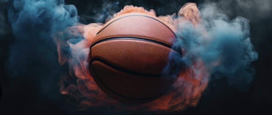 basketball in red and blue smoke