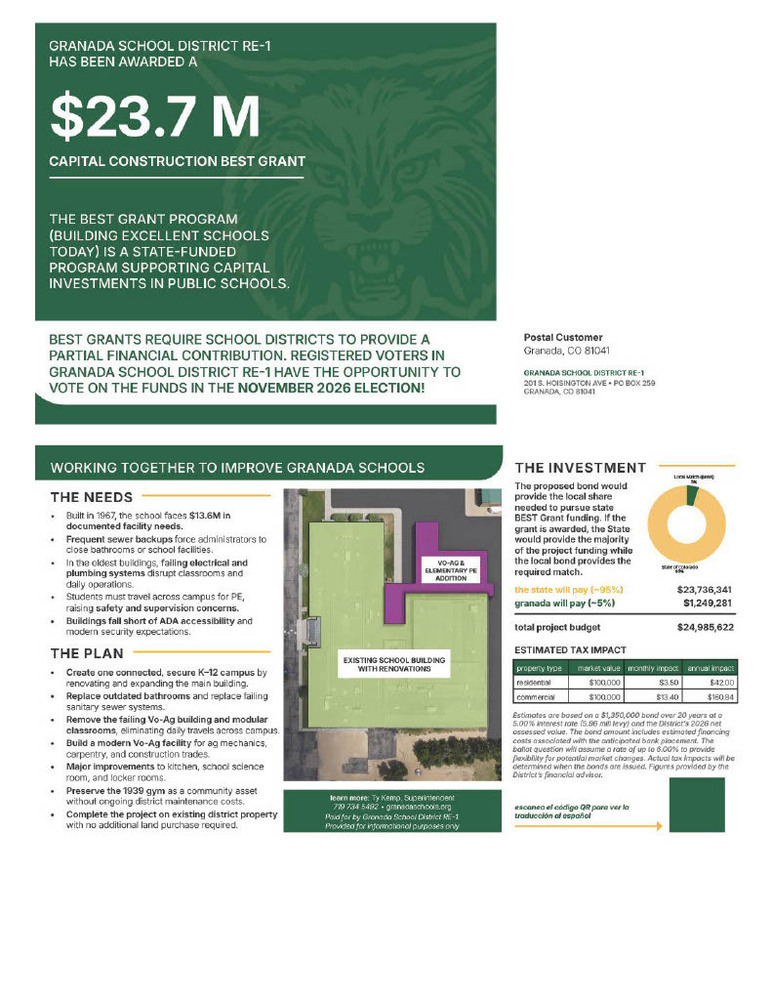GRANADA SCHOOL DISTRICT RE-1 HAS BEEN AWARDED A CAPITAL CONSTRUCTION BEST GRANT $23.7 M THE BEST GRANT PROGRAM (BUILDING EXCELLENT SCHOOLS TODAY) IS A STATE-FUNDED PROGRAM SUPPORTING CAPITAL INVESTMENTS IN PUBLIC SCHOOLS.