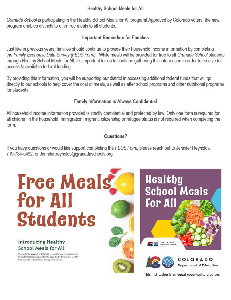 Granada School is participating in the Healthy School Meals for All program! Approved by Colorado voters, the new program enables districts to offer free meals to all students.