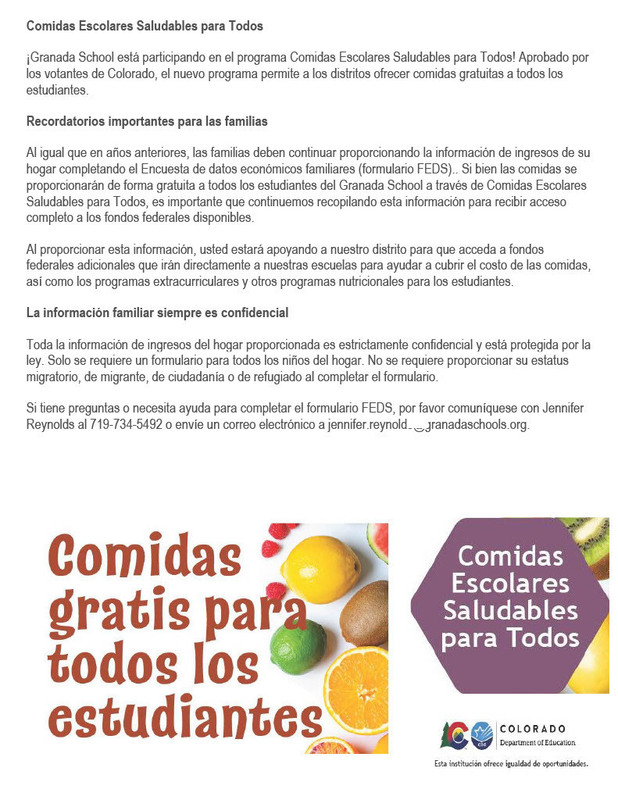¡Granada School está participando en el programa Comidas Escolares Saludables para Todos! Aprobado por los votantes de Colorado, el nuevo programa permite a los distritos ofrecer comidas gratuitas a todos los estudiantes.