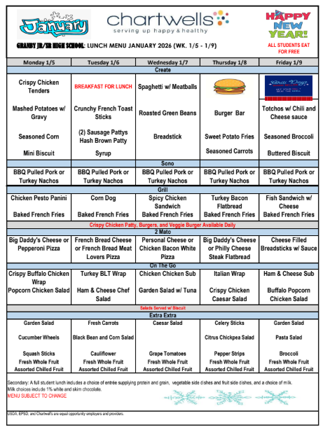 GJSHS Lunch Menu Jan wk1
