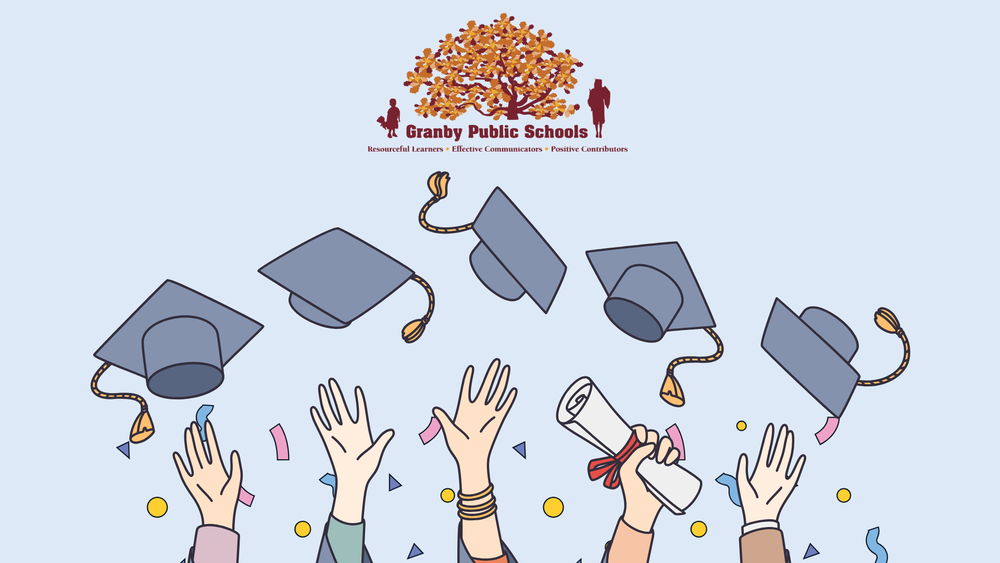 Graduation caps flying in the air with confetti around the caps.