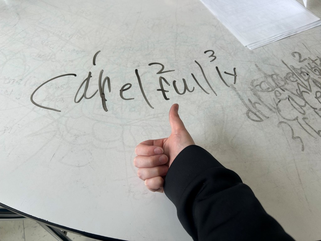 The word, 'carefully', written out and broken down by syllables. 