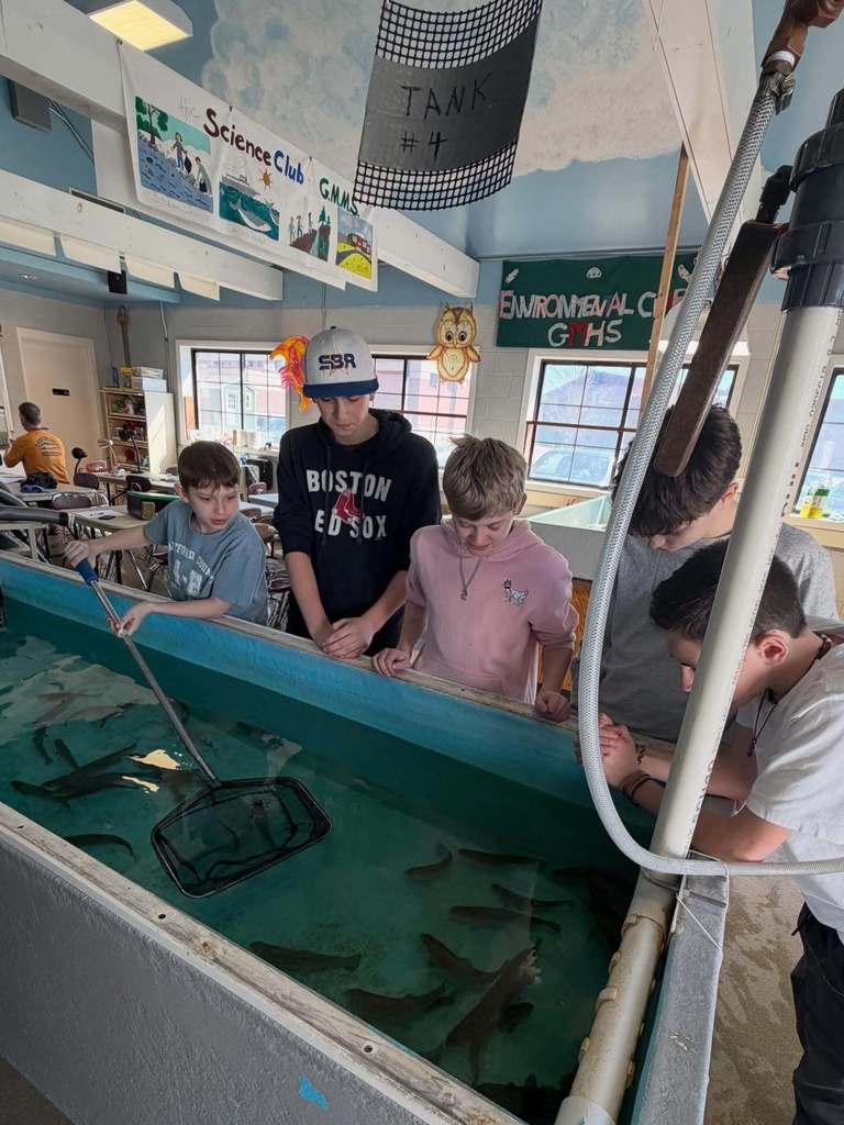 Five students looking at trout