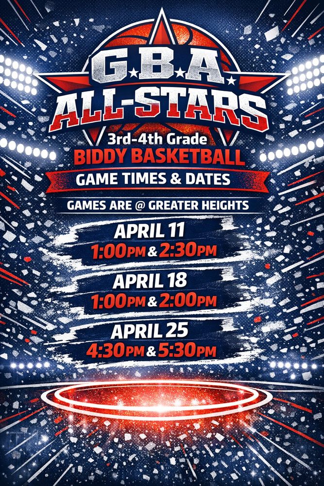 Red, blue and white flyer announcing basketball schedule.