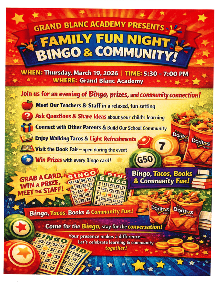 Colorful flyer announcing Family Night at GBA.