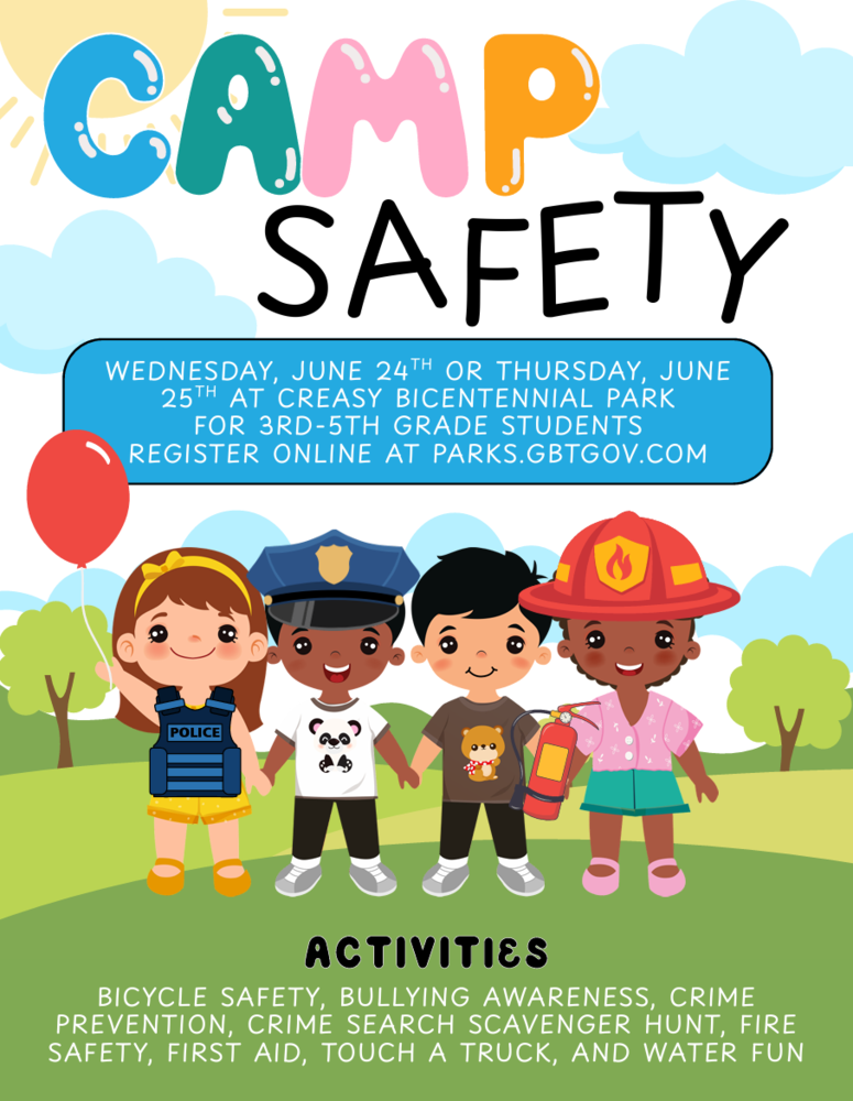 Color flyer announcing a camp about safety.