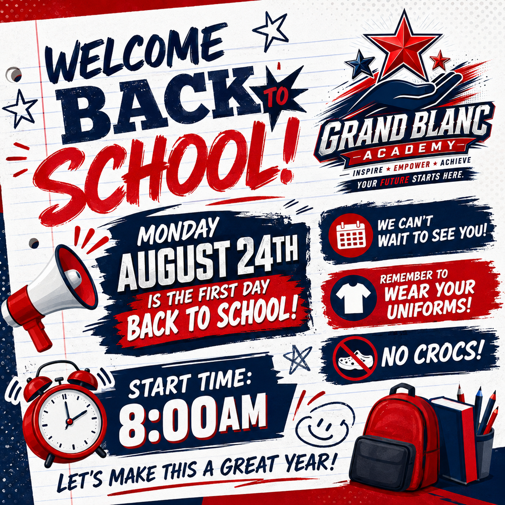 Back to School flyer with blue and white font announcing the date to return to school.
