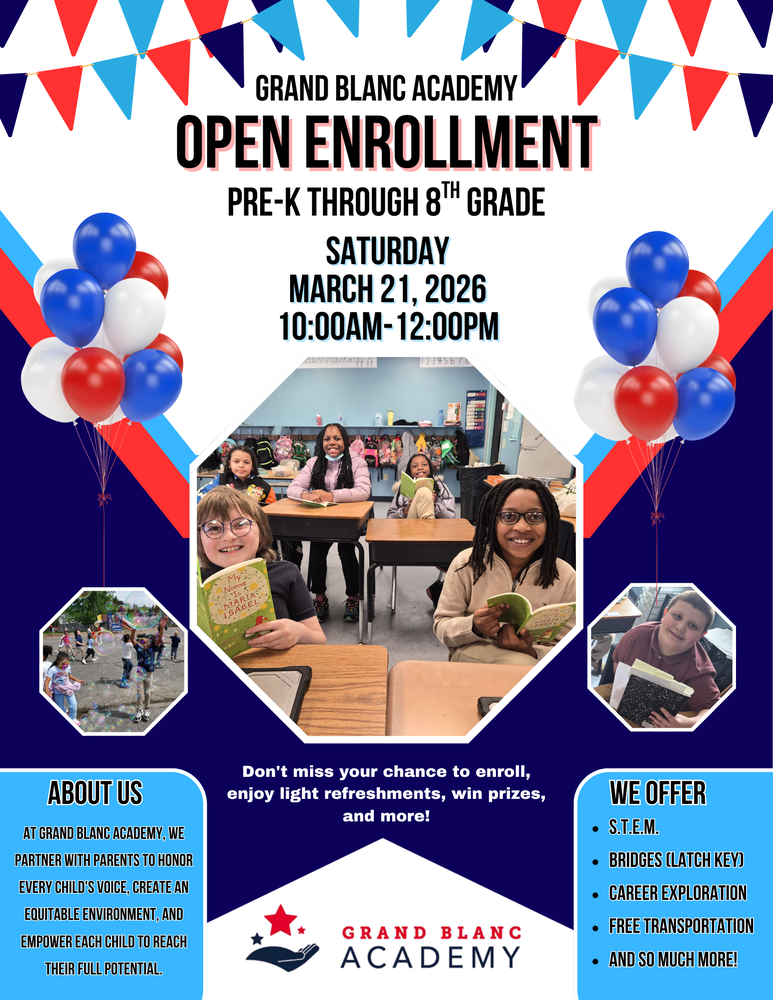 Flyer with colors of blue, white and red announcing open enrollment event.