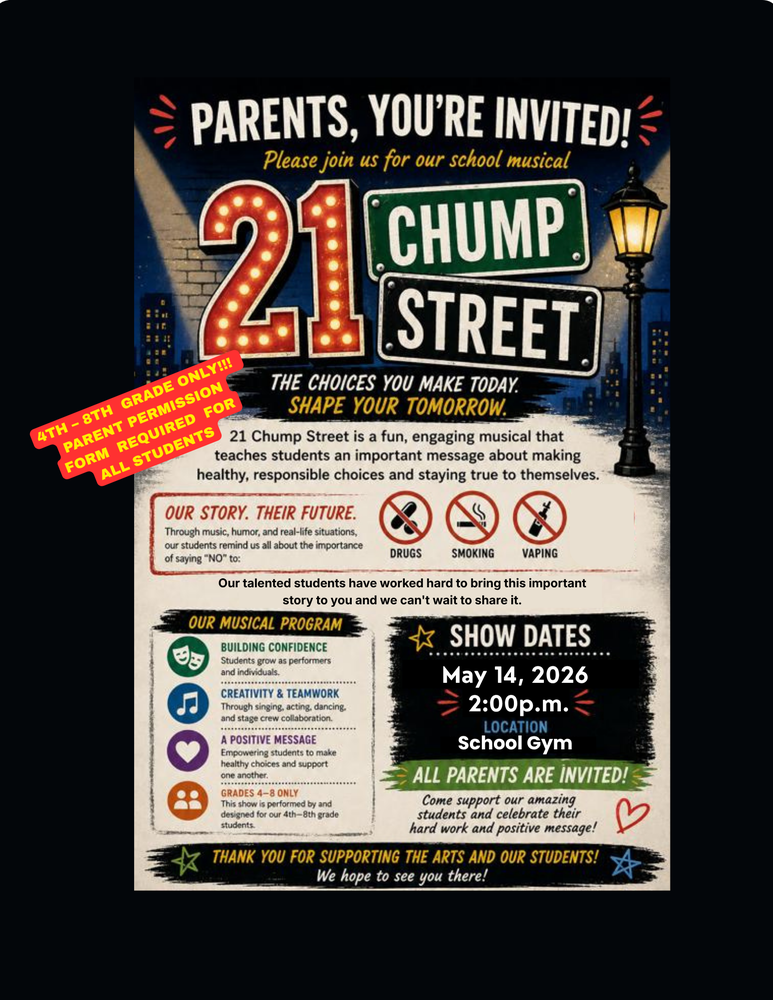 Flyer with dark background announcing a musical production.
