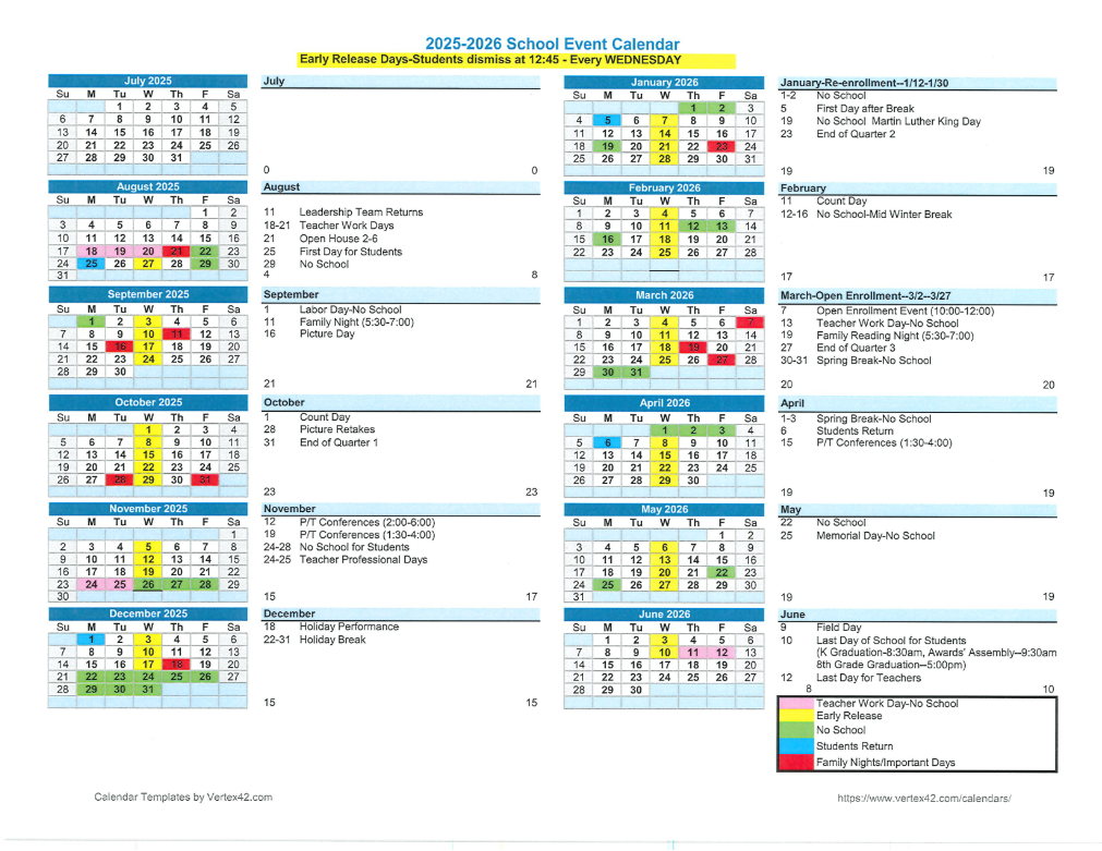 GBA 2025-26 School Calendar marking days of school and breaks.