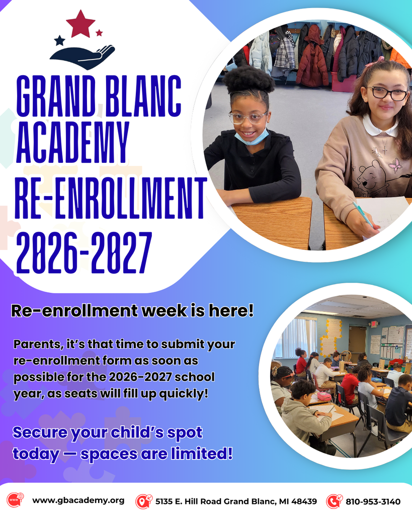 Purple and blue flyer with wording for re-enrollment for 2026-27 school year.