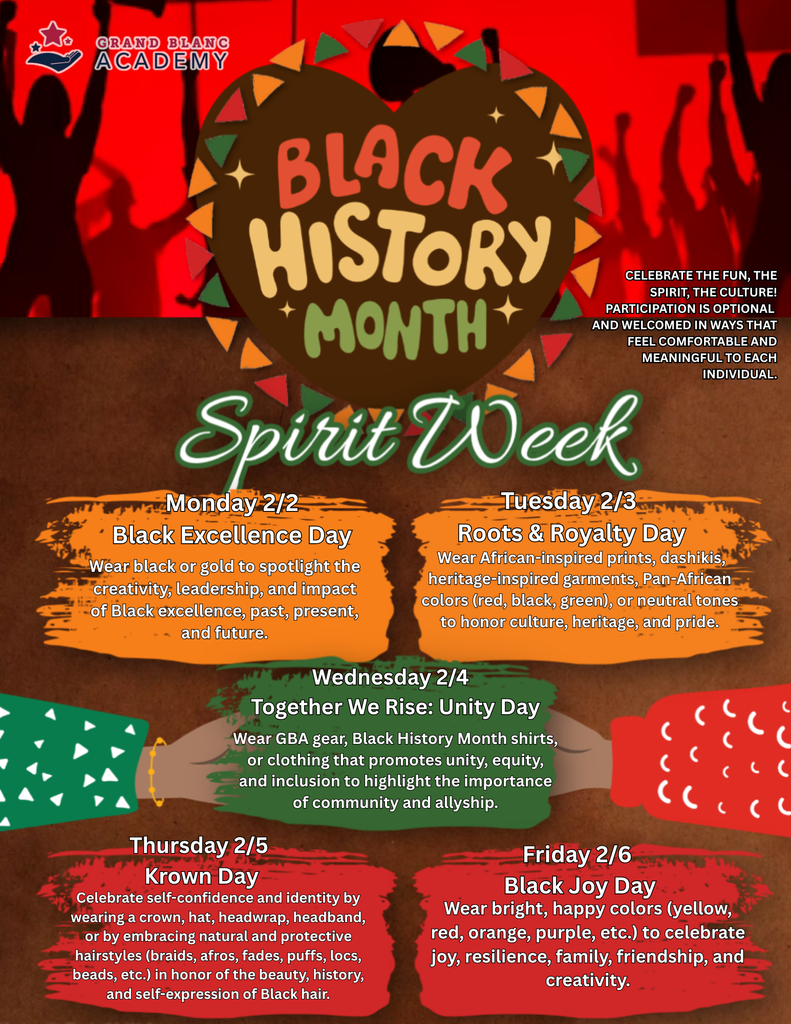 Colorful flyer announcing Black History Month Spirit Week information.