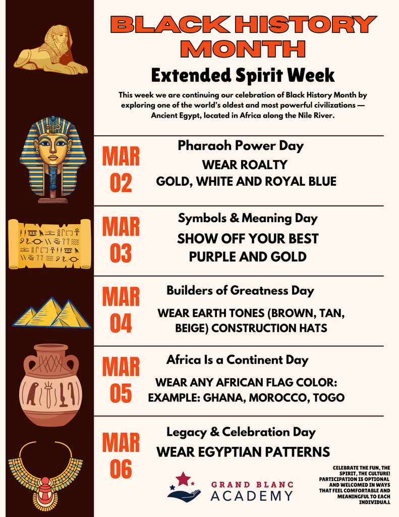 Black History Month flyer with brown, orange and tan coloring. Pictures of African artifacts line the side of the flyer.
