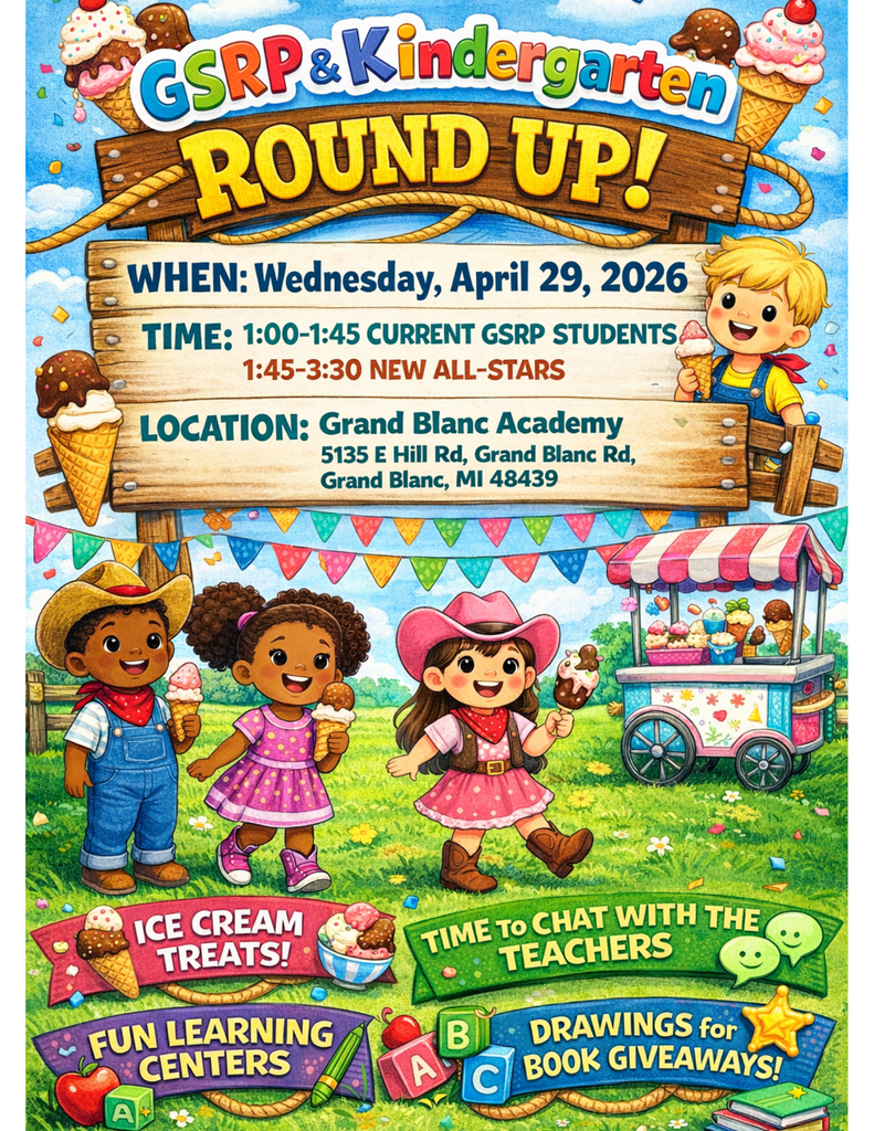 Flyer with children at a fair announcing GSRP and Kindergarten Round Up.