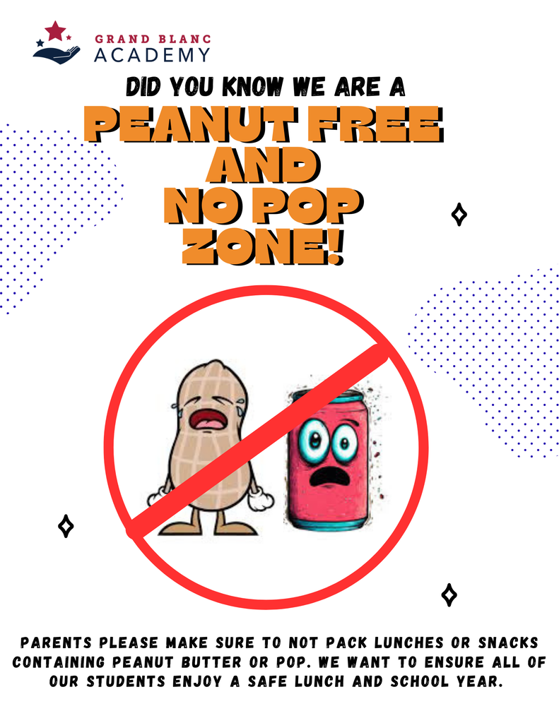 Flyer with white background and a picture with a peanut and pop with a cancel symbol.
